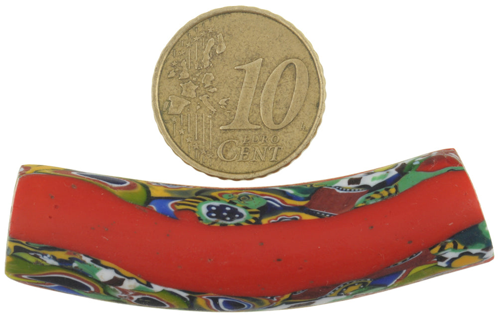 Rare Antique Large Elbow Venetian Millefiori Mosaic Trade Bead - 55Mm - close-up