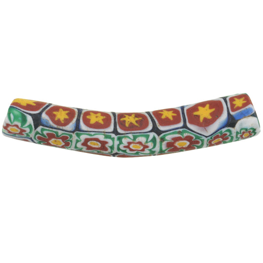 Rare Antique Elbow Venetian Millefiori Mosaic Glass Trade Bead, 40X7Mm