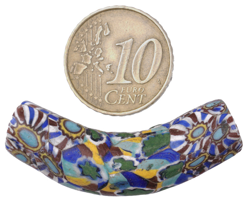Rare Antique Elbow Venetian Millefiori Mosaic Glass Trade Bead 41X11Mm - alternate view