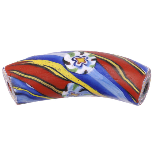 Rare Old Venetian Elbow Millefiori Mosaic Glass Trade Bead, 39 X 12 Mm