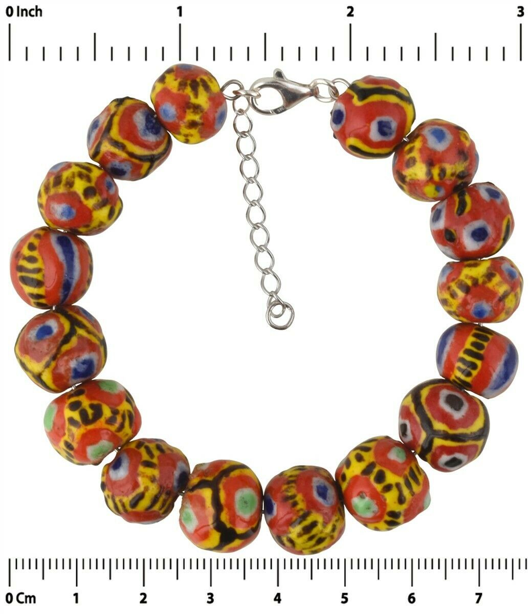Handmade Kiffa Glass Beads Bracelet 925 Sterling Silver African Art Jewelry Boho - zoomed-in detail